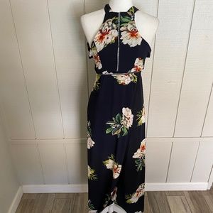 Navy Halter Floral Dress